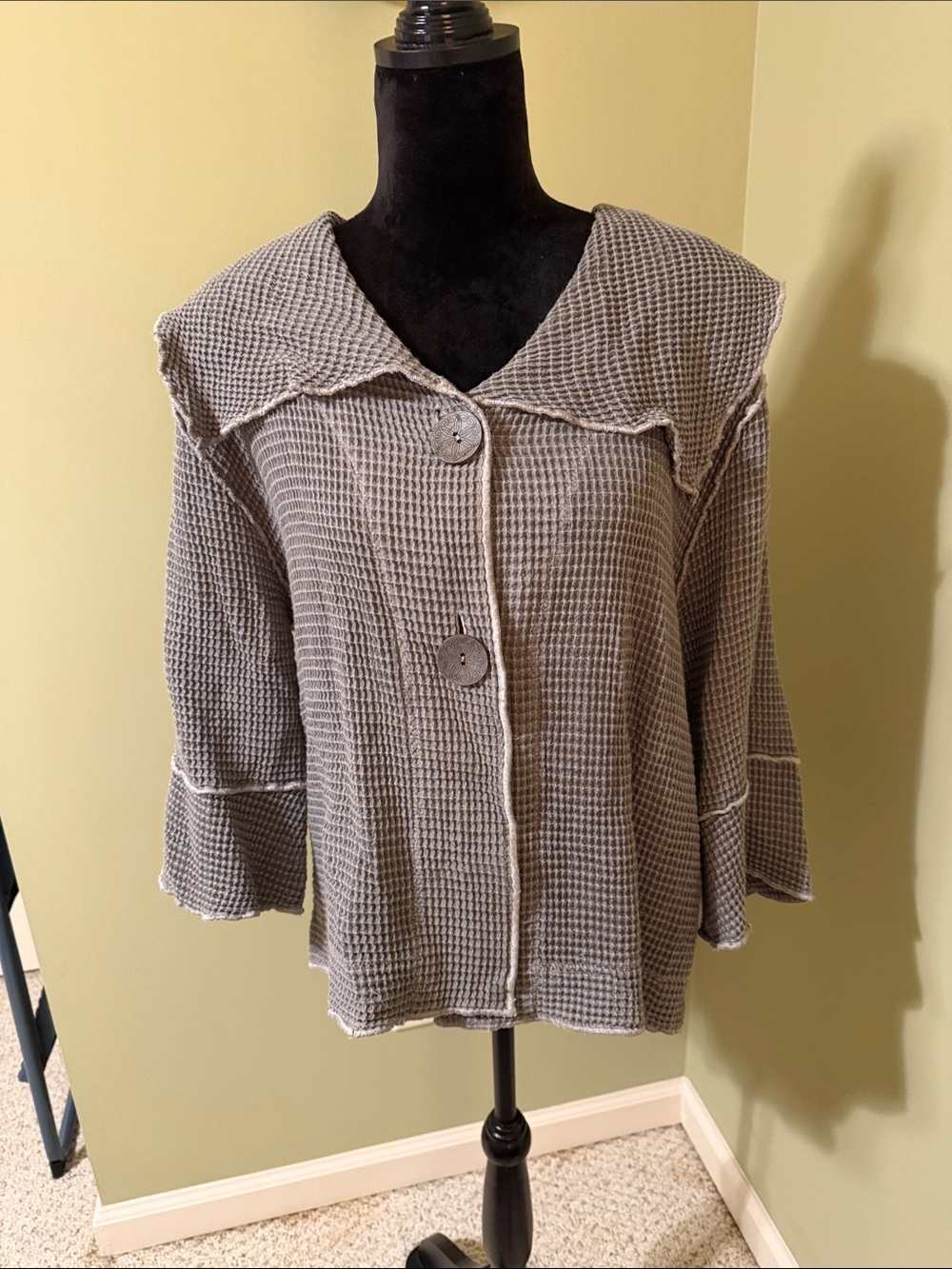 Waffle-Knit Button Front Jacket in Taupe